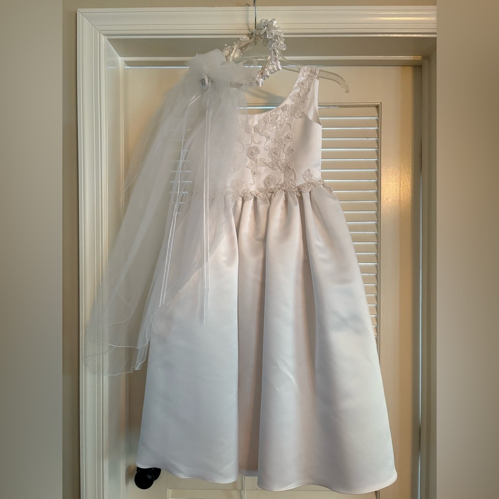 Silk White Communion or Flower Girl Dress with Veil
